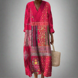 Maisie™ | Boho midi šaty s patchworkem a dlouhými rukávy