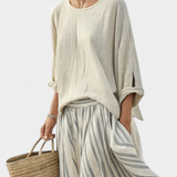 Sada Casual Daisy s oversize tričkem a midi sukni s pruhy z lnu a bambusu pro elegantní a pohodlný styl